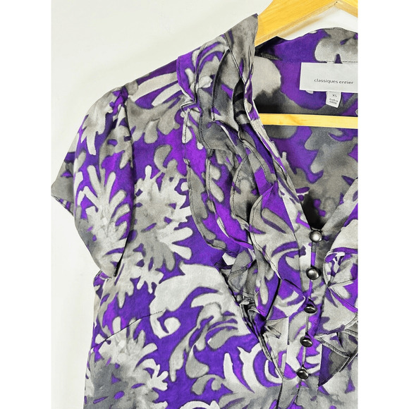 Classiques Entier Purple Grey 100% Silk Shirt Short Sleeve Ruffles Womans XS GUC - Picture 4 of 15